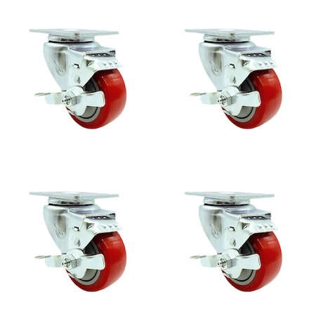 Service Caster 3.5 Inch Red Polyurethane Wheel Swivel Top Plate Caster Set with Brake SCC SCC-20S3514-PPUB-RED-TLB-4